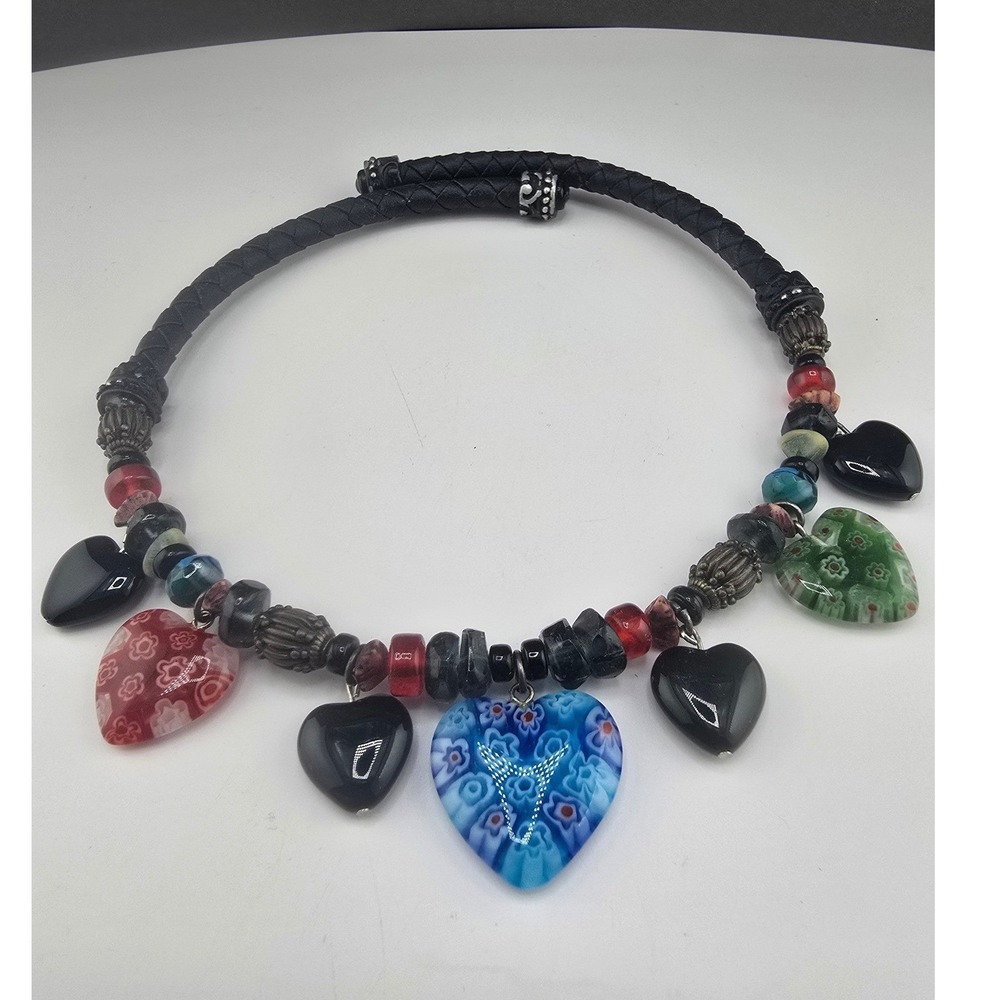 Estate Necklace Black Braided Leather Glass Heart Charms Millefiori 16in